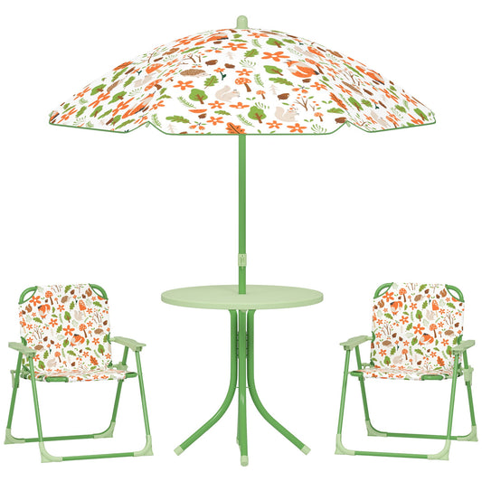 Garden Set for Children 2-5 Years with Round Table, 2 Folding Chairs and a Parasol, Green