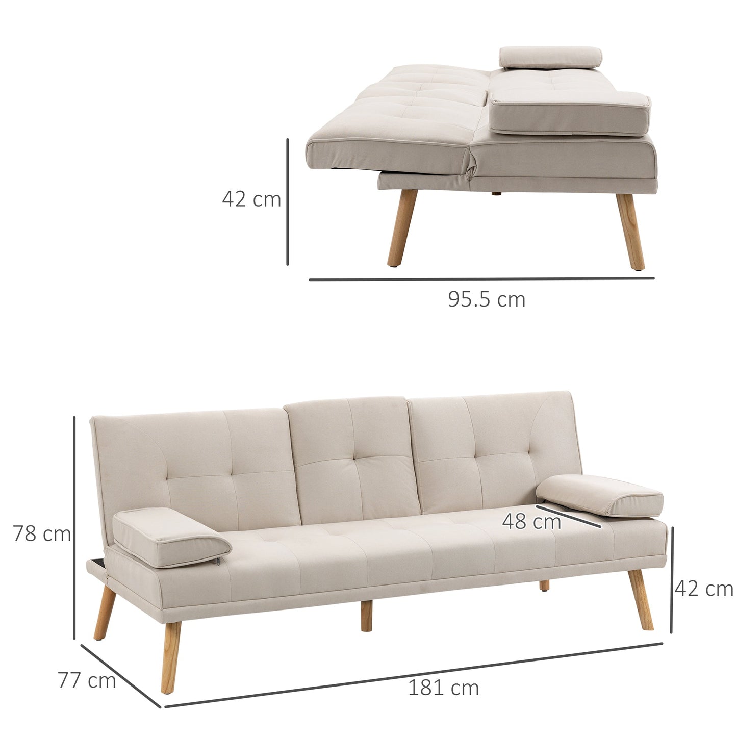3 Seater Reclining Sofa Bed with Linen Effect Upholstery and Drop-Leaf Table, Beige