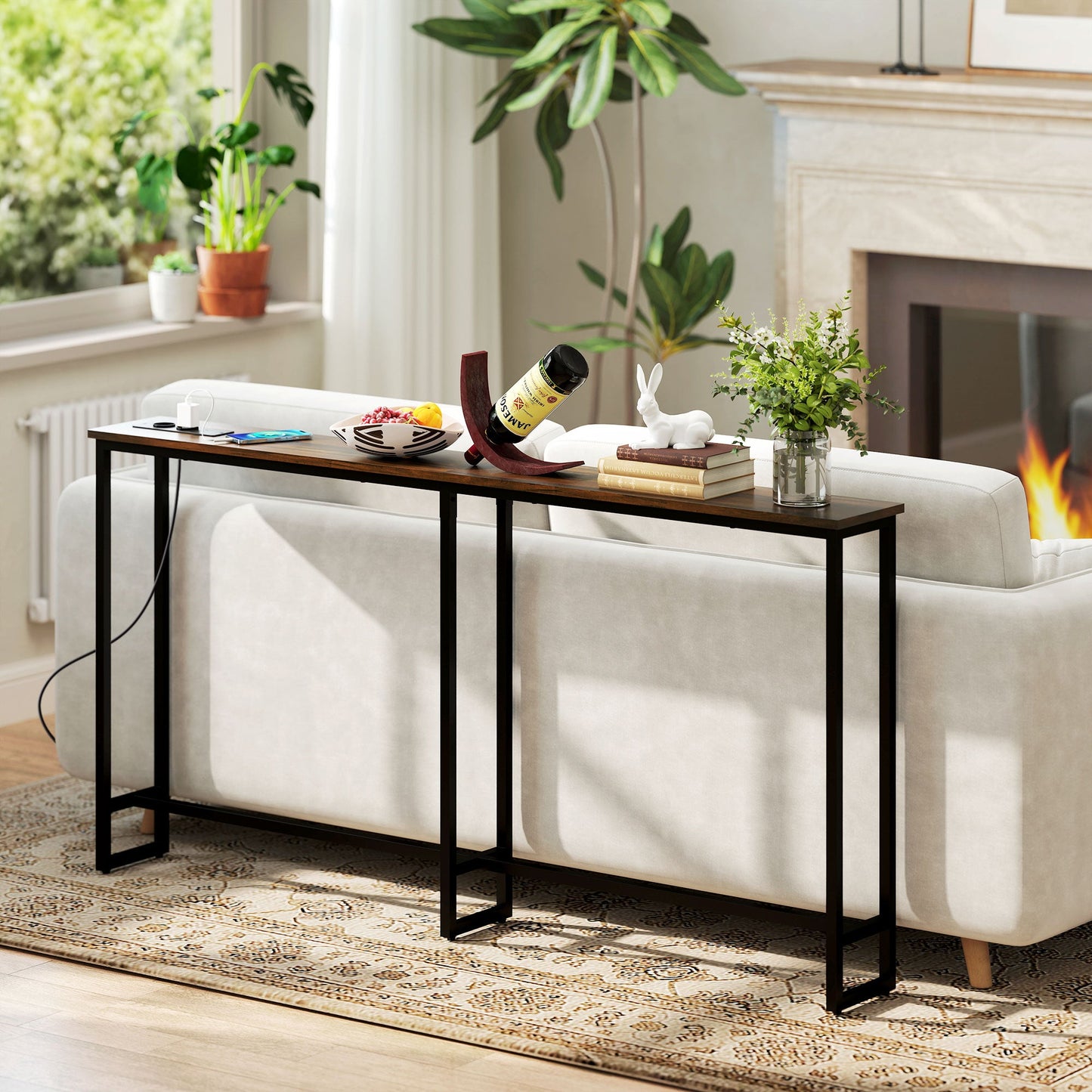 Industrial Style Console Table with Charging Station, in Wood and Steel, 160x20x80 cm, Brown