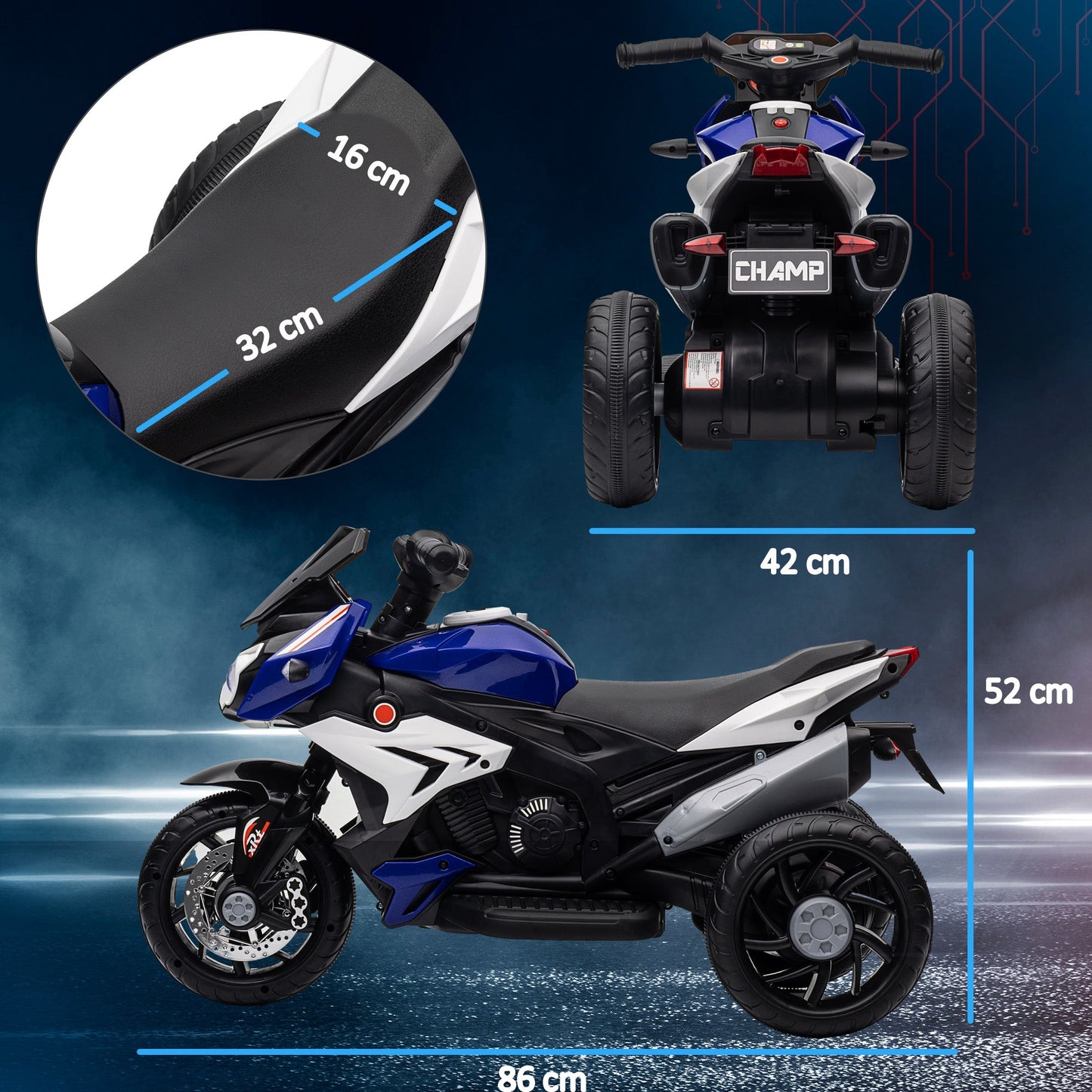 Electric Motorcycle for Children 3-5 Years Max. 25kg with Lights, Music, 6V Battery and 3km/h Speed, 86x42x52 cm Blue