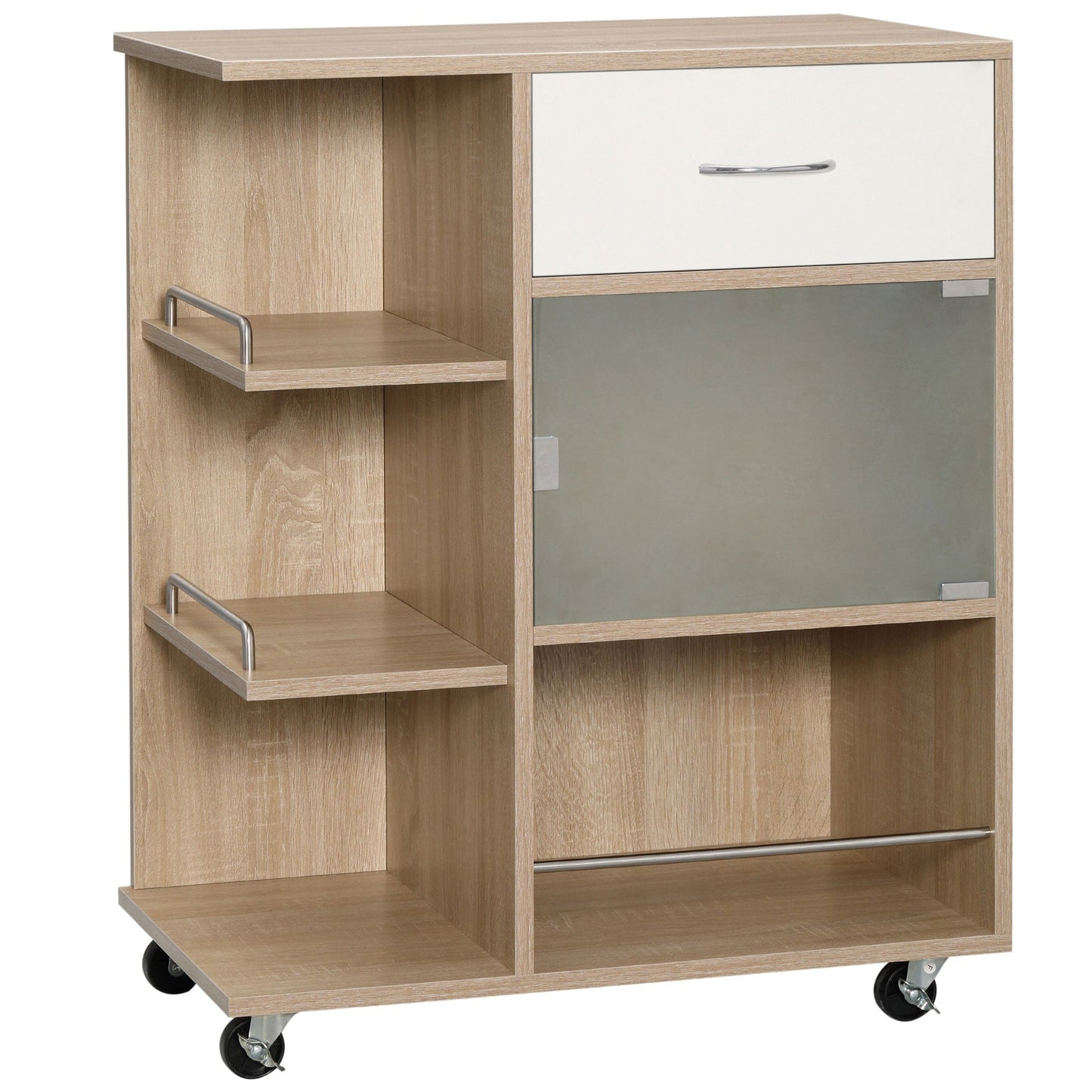 Kitchen Trolley Food Cart with Drawer, Shelves and Cabinet in Wood, Steel and Glass, 65x39x80cm