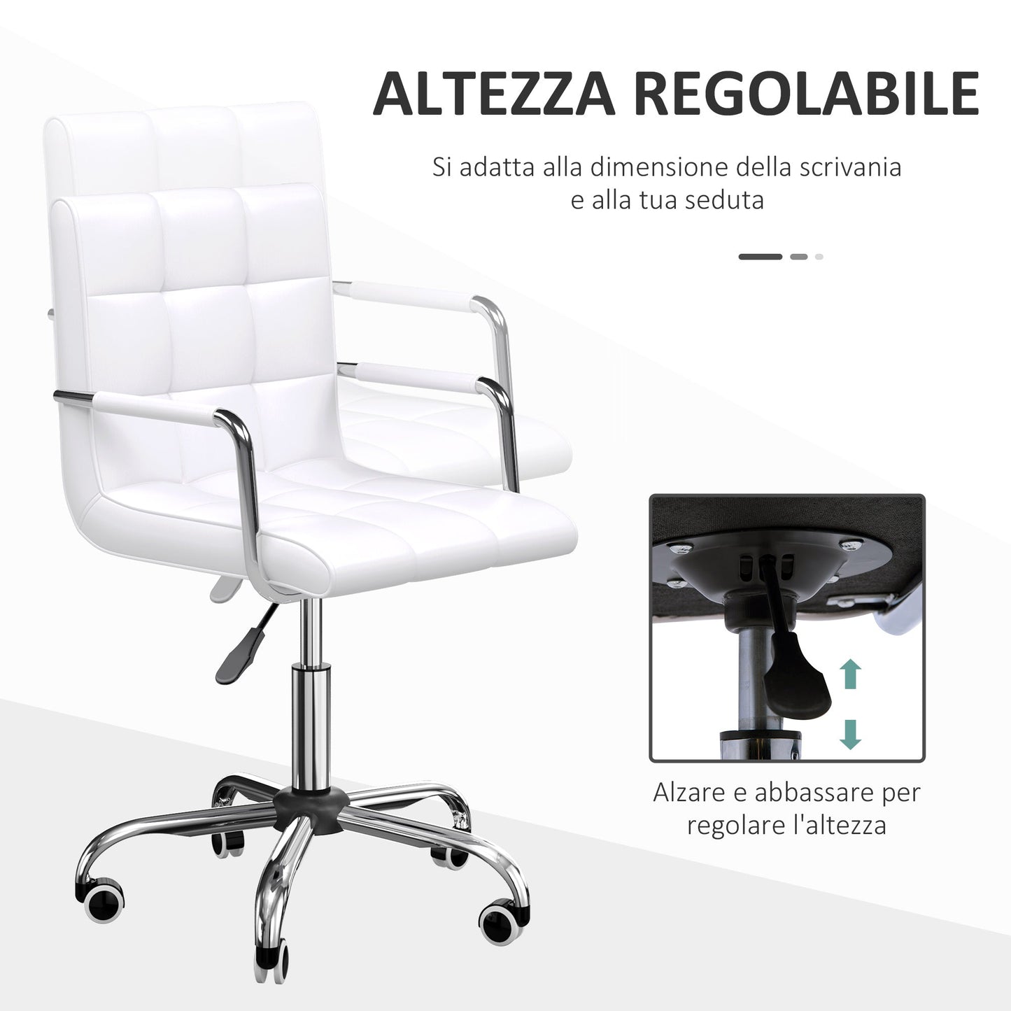 White PU Leather Office Chair with 5 Swivel Wheels, Padded and Adjustable Height, 52.5x54x84-99cm