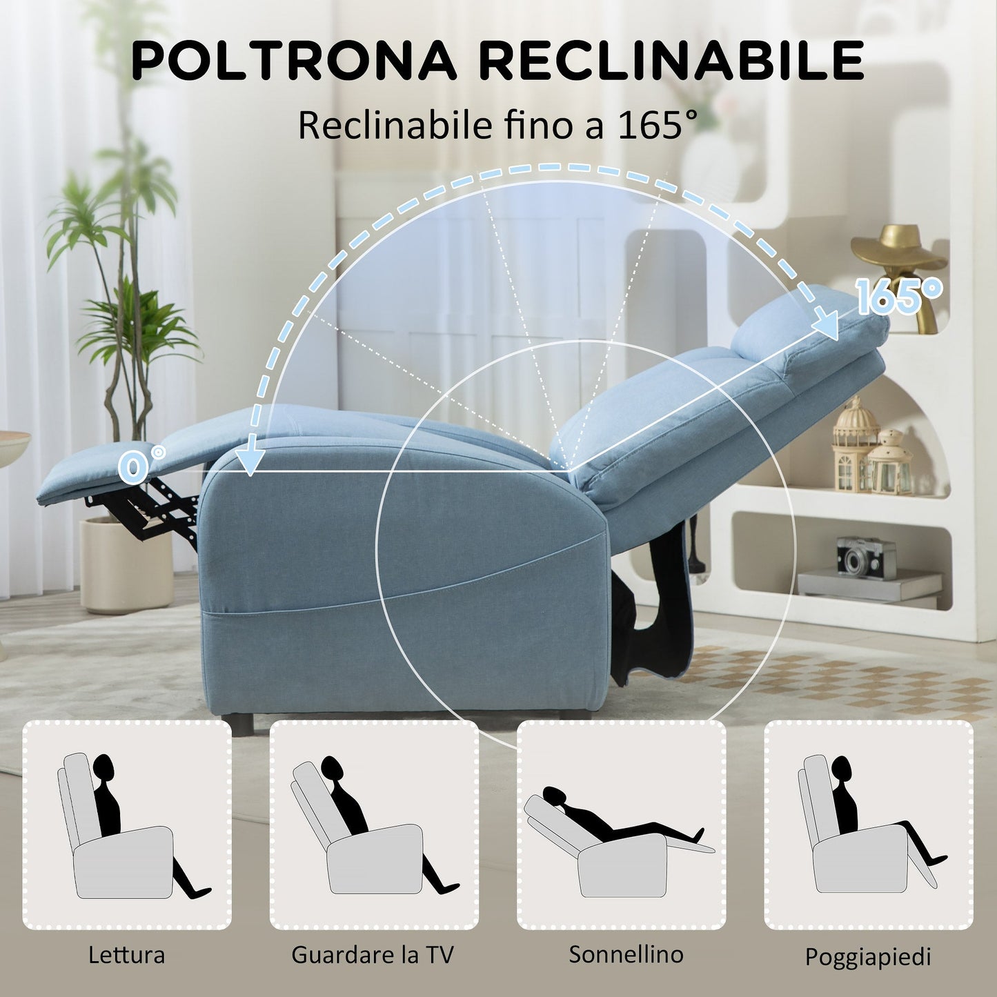 Reclining Relax Chair with Footrest in Linen Effect Fabric, 69x85x100 cm, Blue