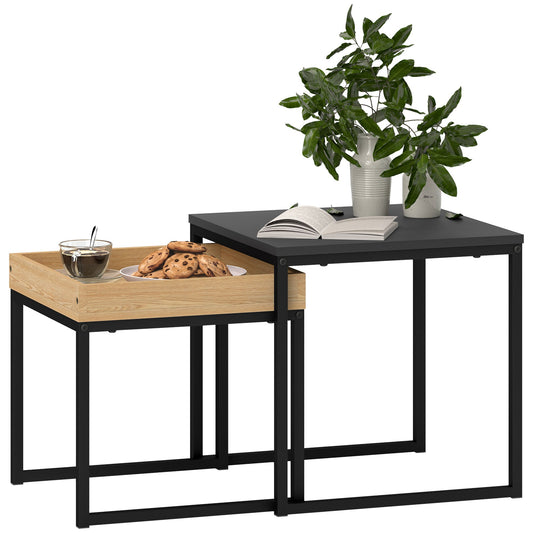 Set of 2 Modern Coffee Tables with U-Shaped Legs, Wood and Steel, 45x45x45 cm and 40x40x40 cm, Black