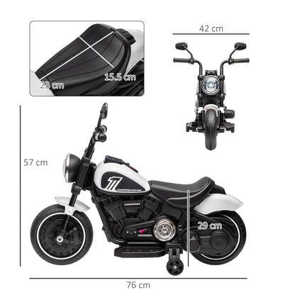 Electric Motorcycle for Children 18-36 Months with Training Wheels and Headlight, 76x42x57 cm, White and Black