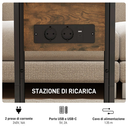 Expandable C-Shaped Coffee Table with 2 Charging Stations, Wood and Metal, 39x29x57 cm, Black and Brown