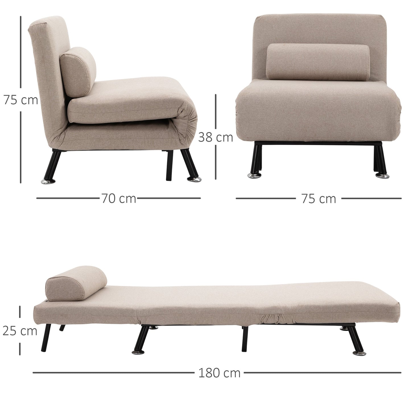 Single Sofa Bed, Armchair with Removable Mattress and Padded Cushion - 90-180° Adjustable Backrest and Metal Frame - 75x70x75 cm, Beige