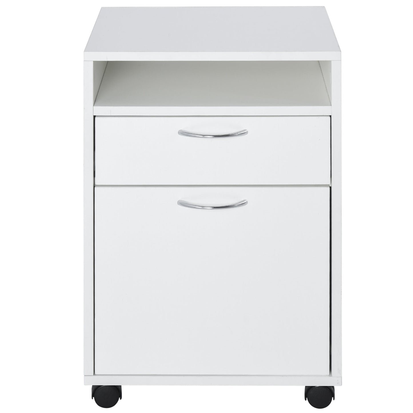 4-Wheel Office File Cabinet with Open Shelf and 2 Drawers, Wood and Metal Office Storage Unit, 40x35x60 cm, White