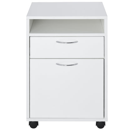 4-Wheel Office File Cabinet with Open Shelf and 2 Drawers, Wood and Metal Office Storage Unit, 40x35x60 cm, White