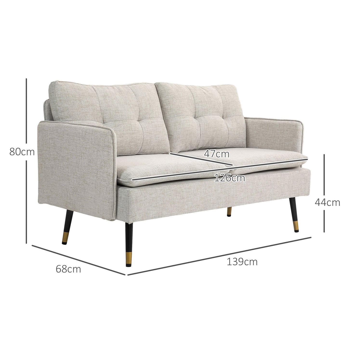 2-Seater Sofa in Linen Effect Fabric with Steel Legs and Padded Cushions, 139x68x80 cm, Cream White