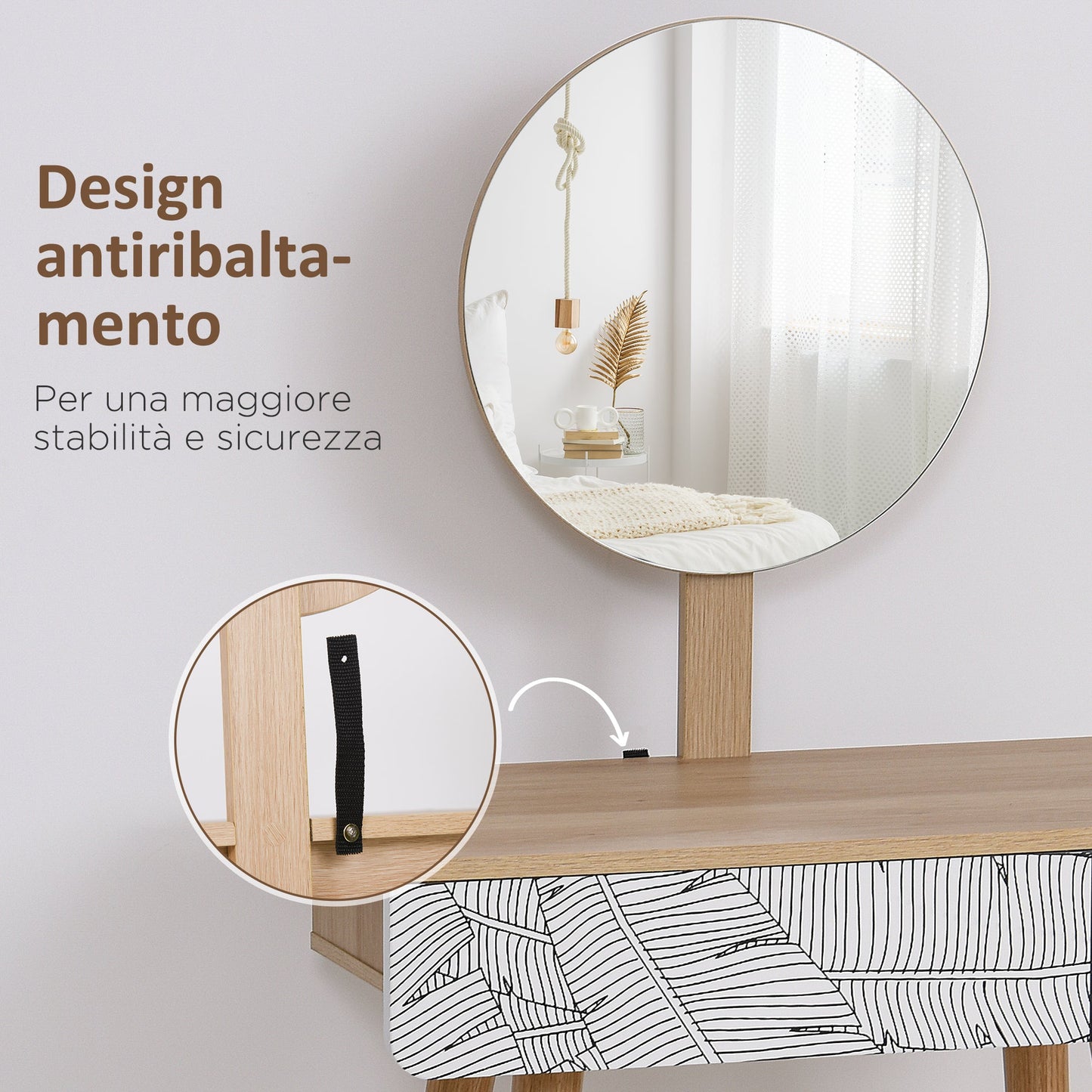 Dressing Table with Circular Mirror Ф39cm, Makeup Console with Drawer in Jungle Decor, White and Oak, 70x39x119-128cm