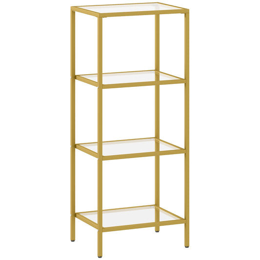 Minimalist 4-Tier Metal and Tempered Glass Shelf Unit, 40x30x96.5 cm, Gold