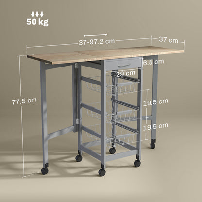 Kitchen Trolley with 3 Baskets, Drawer and 2 Flaps, in Wood and Metal, 37x37x77.5 cm, Grey and Oak