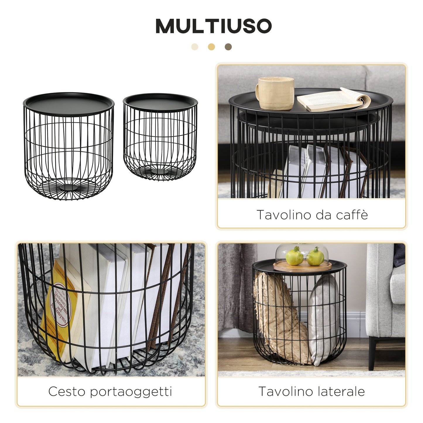 Set of 2 Round Stackable Steel Coffee Tables with Storage Compartment, Black