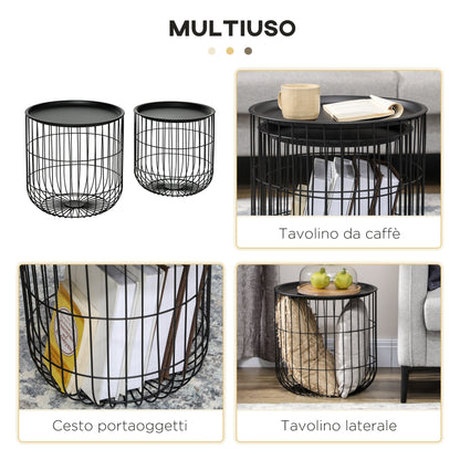 Set of 2 Round Stackable Steel Coffee Tables with Storage Compartment, Black