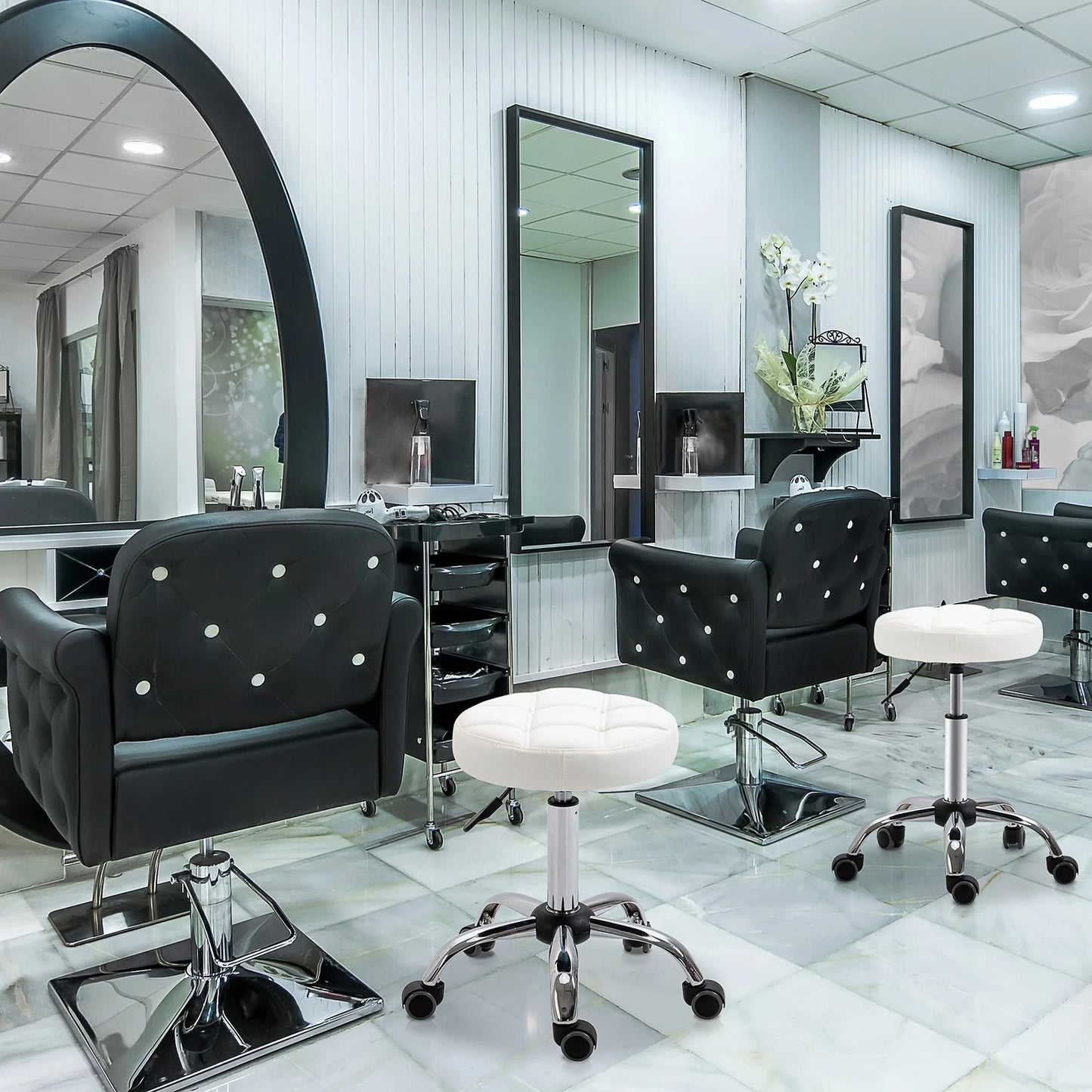 White Adjustable Beauty Stool with Wheels