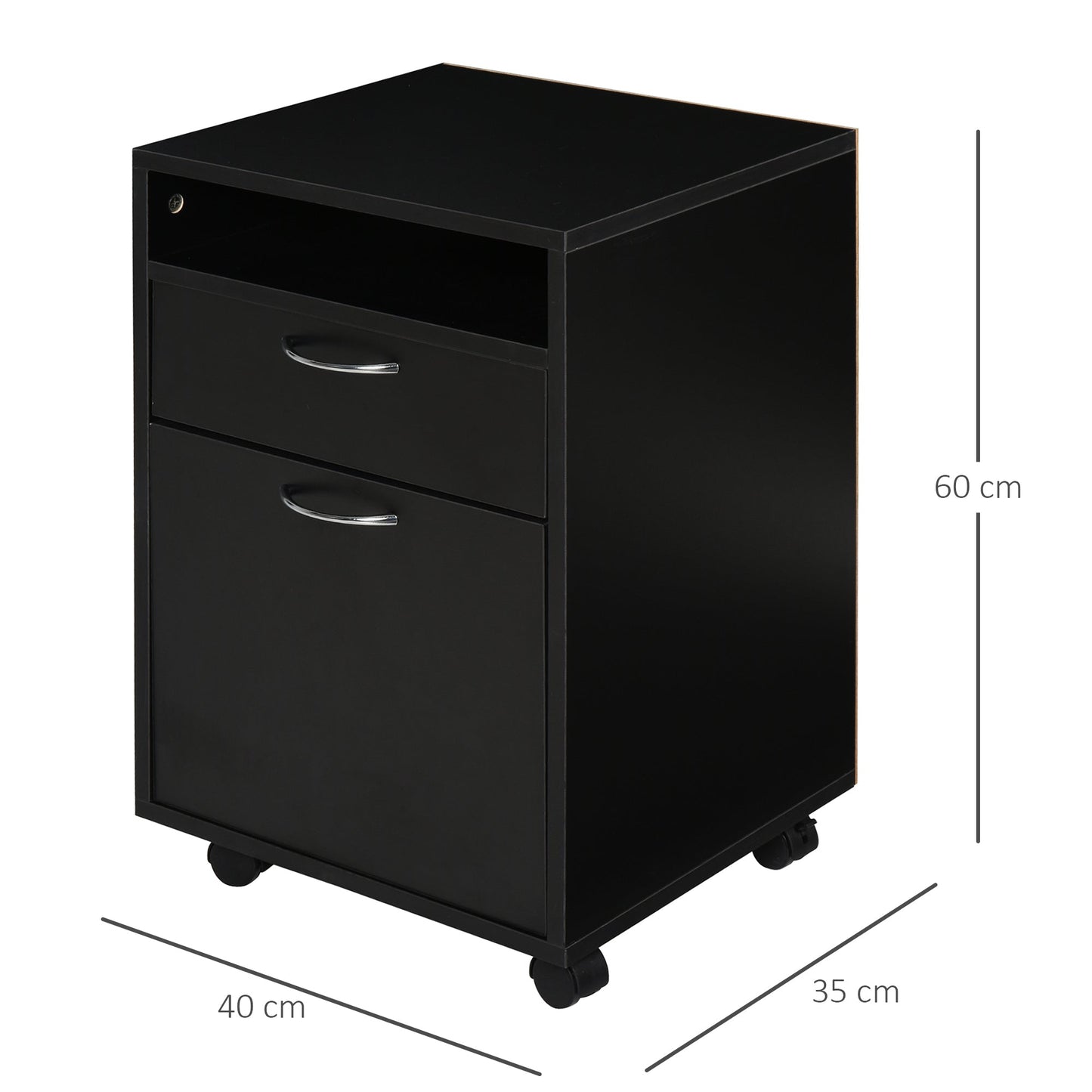 Office Filing Cabinet with Drawer, Lockable Storage Cabinet, Lockable Casters and Open Shelf, Office Drawer Unit for Letter/Legal/A4 Format, Vertical Storage Cabinet for Study, 40x35x60 cm, Black