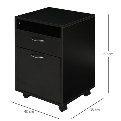Office Filing Cabinet with Drawer, Lockable Storage Cabinet, Lockable Casters and Open Shelf, Office Drawer Unit for Letter/Legal/A4 Format, Vertical Storage Cabinet for Study, 40x35x60 cm, Black