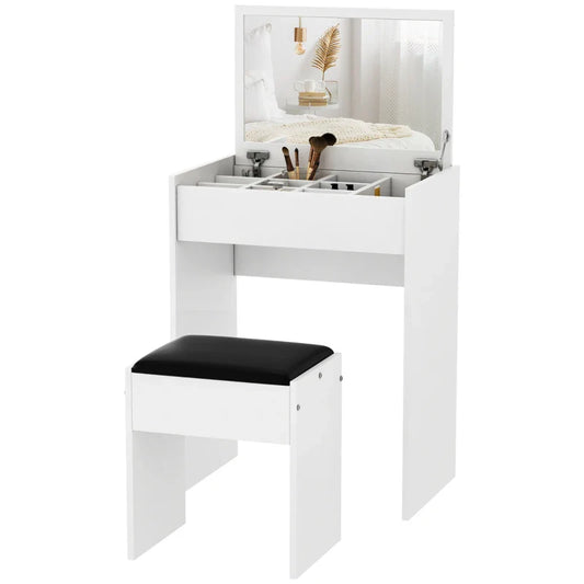White Vanity Table with Mirror and Upholstered Stool