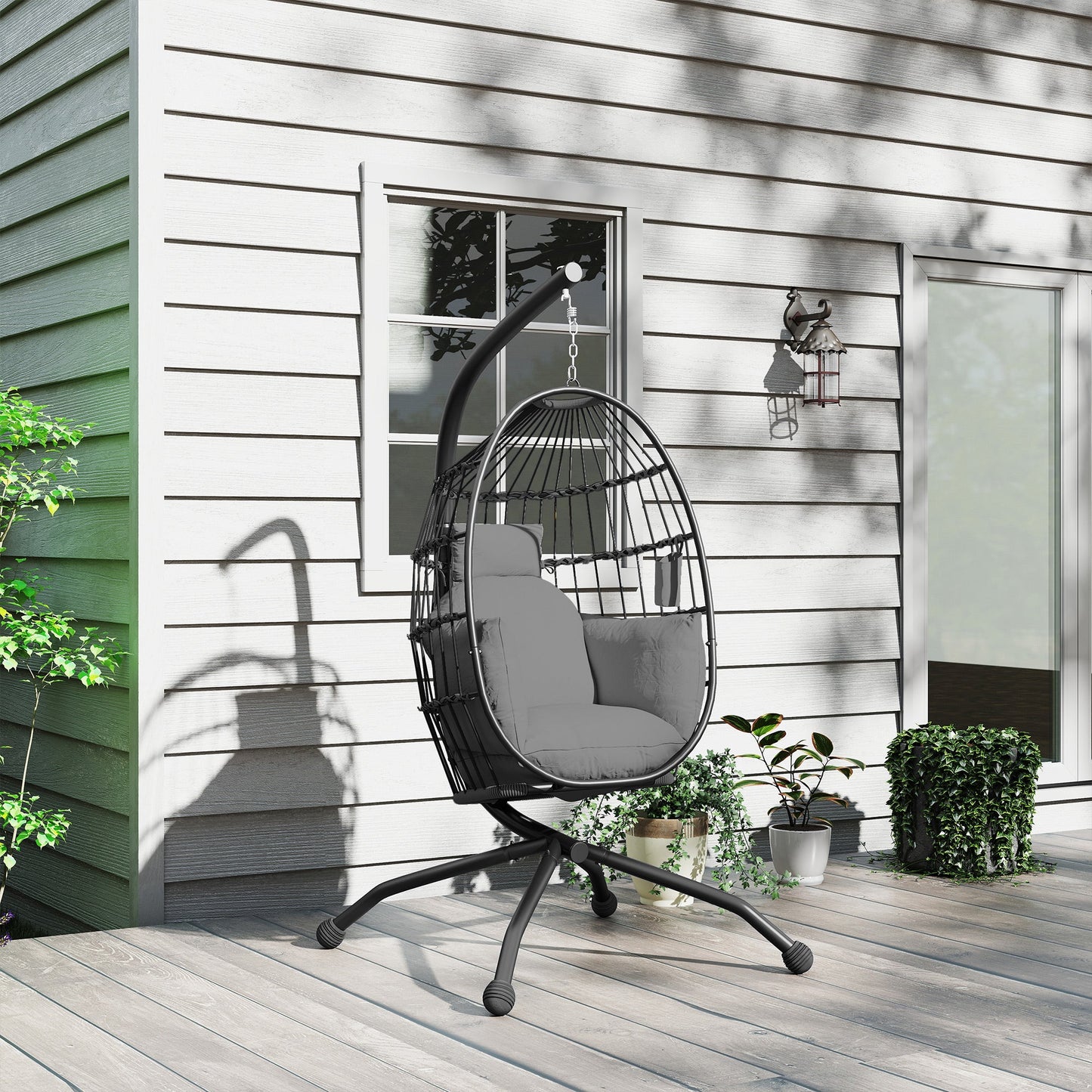 Hanging Egg Chair with Adjustable Hook, 2 Cushions and Basket, Steel, 120x88x192 cm, Black and Grey