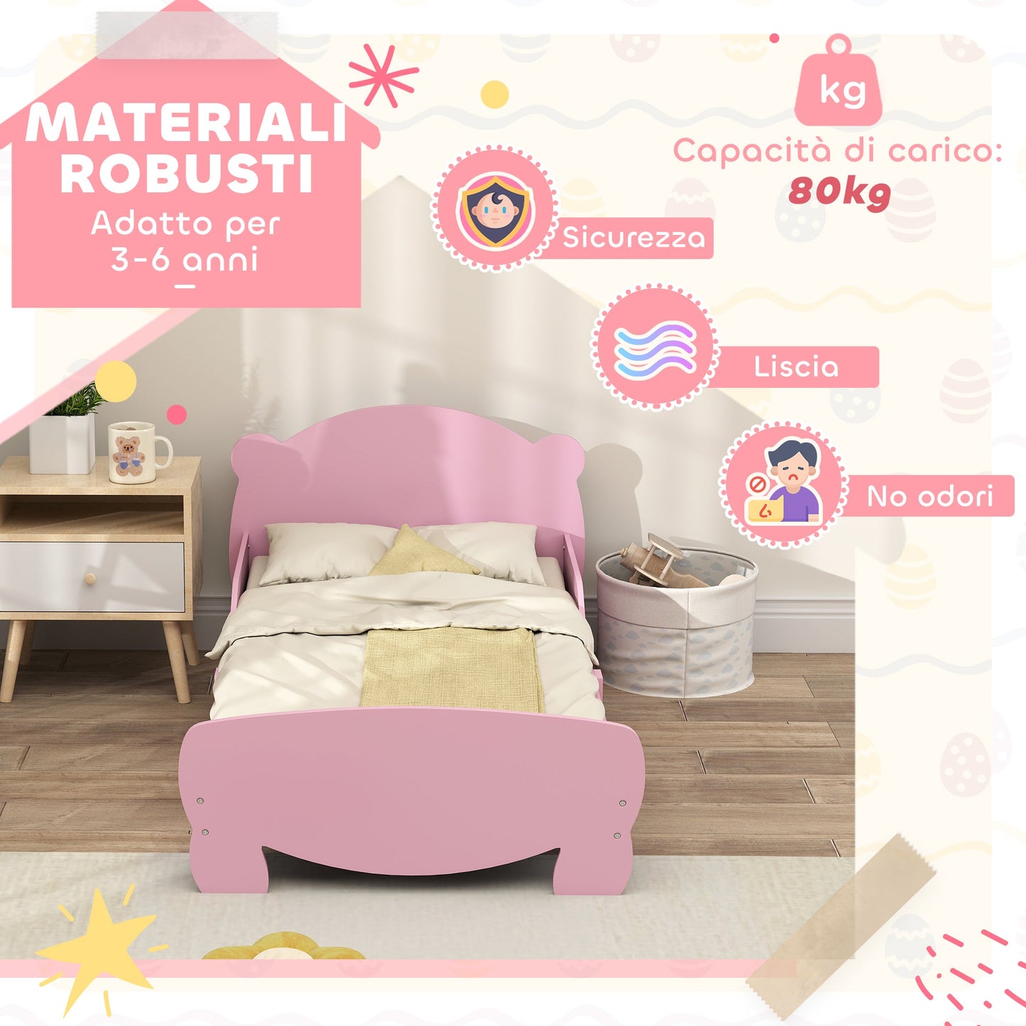 Baby Bed with Bear Headboard and Footboard and 2 Side Rails, Wooden, 143.5x80x55 cm, Pink