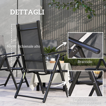Set of 4 Folding and Breathable Garden Chairs with Armrests, in Steel and Polyester, 56x69x106 cm, Grey