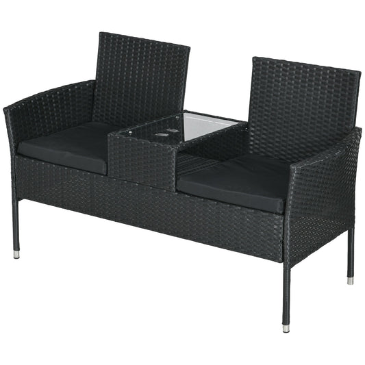 2 Seater Outdoor Sofa with Coffee Table, Steel and PE Rattan, 137x59x82 cm, Black
