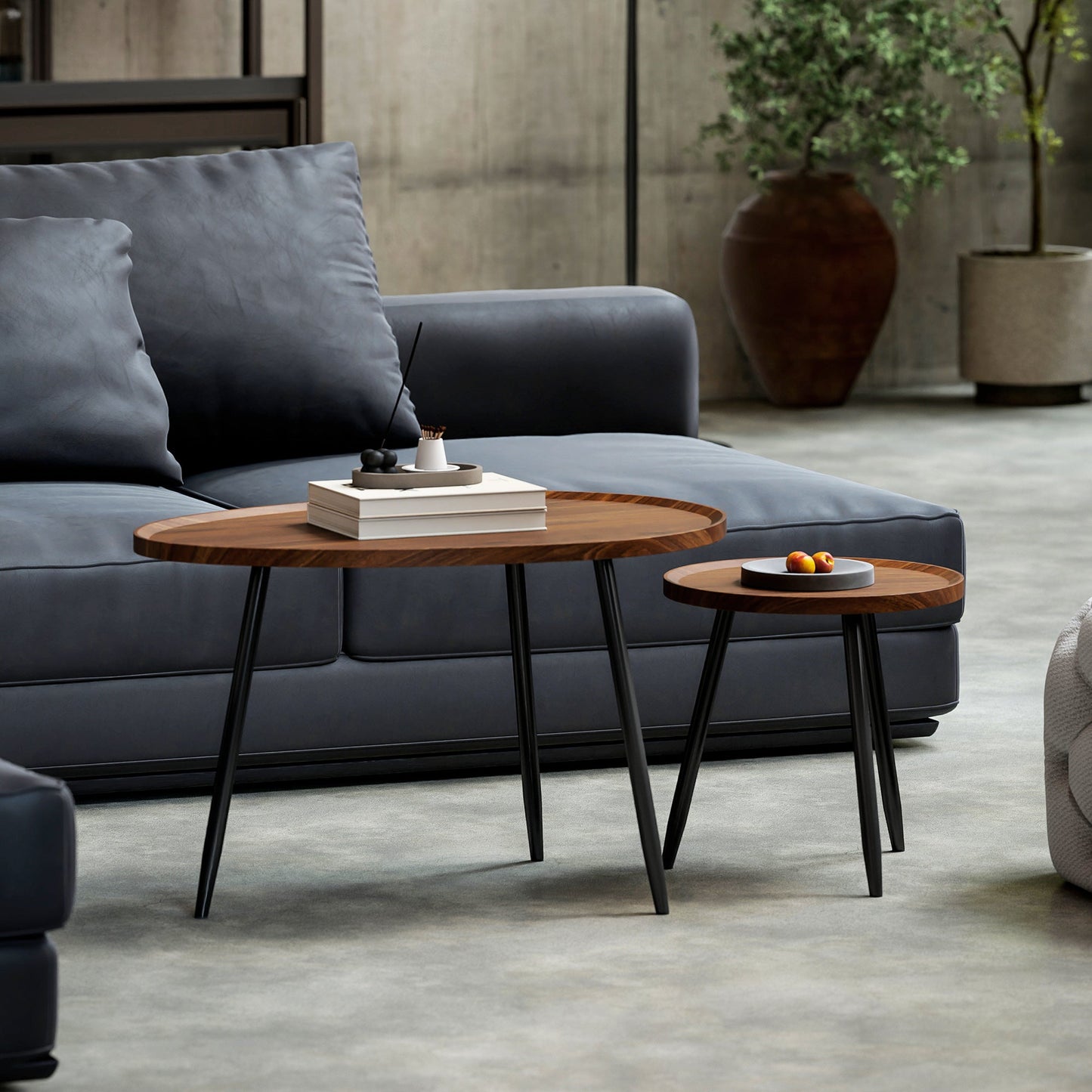 Set of 2 Nesting Coffee Tables in Wood and Metal, Dark Wood Color