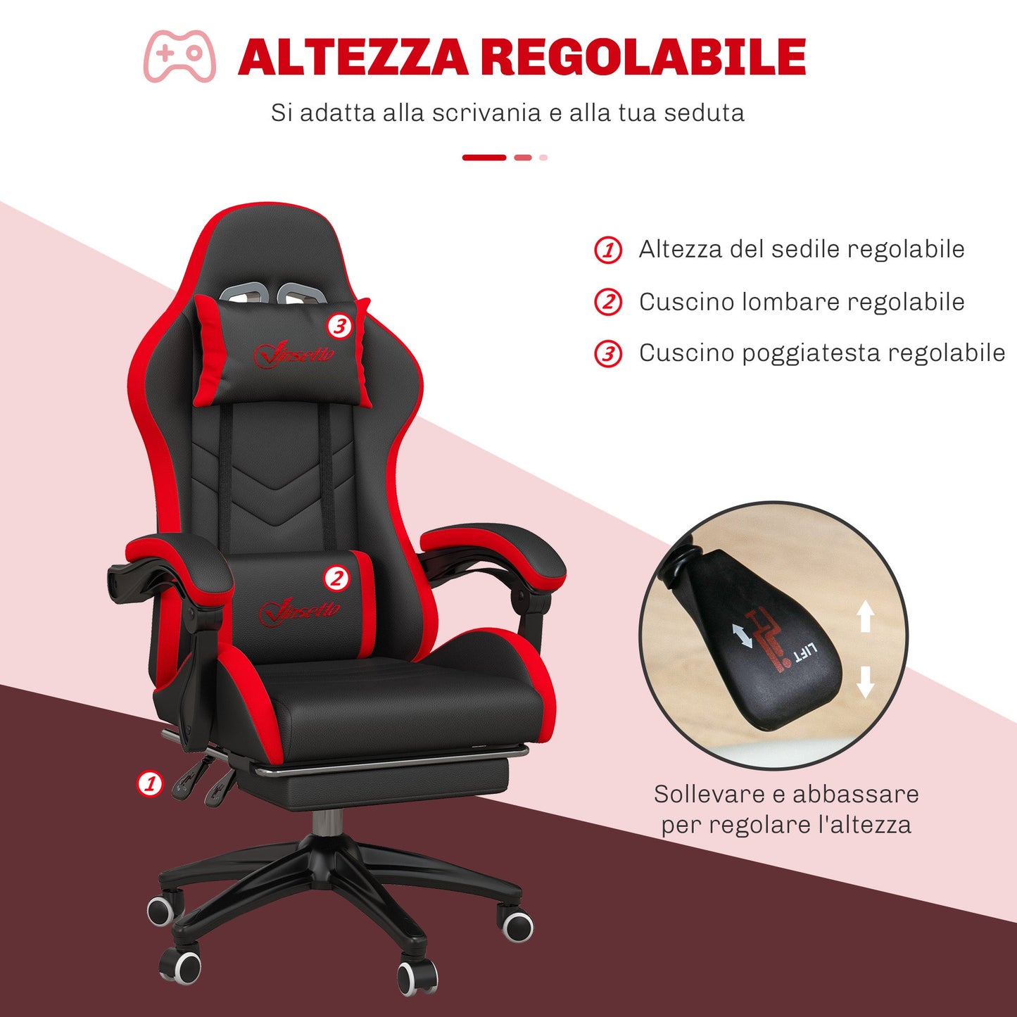 Gaming Chair with Adjustable Height and Reclining Backrest, 65x65x121-129 cm, Black and Red