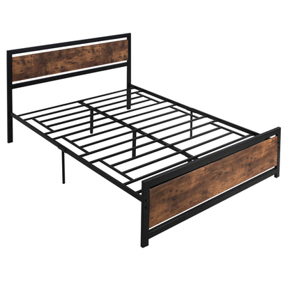 Industrial Style Wooden and Steel Double Bed Frame with Slats, 160x200cm