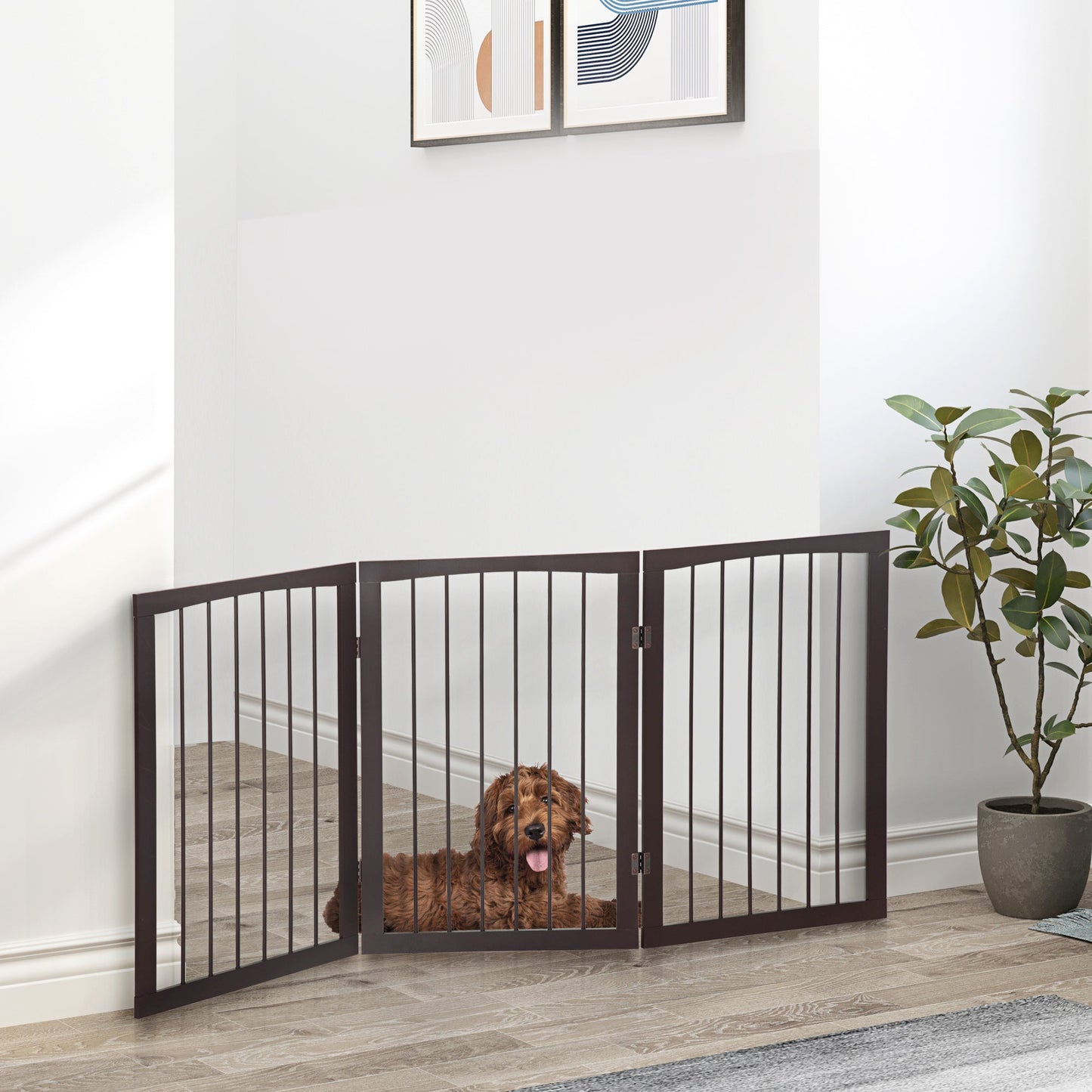 Portable 3 Section Dog Gate Pet Gate Foldable Safety Divider, 160x1.2x76cm, Brown