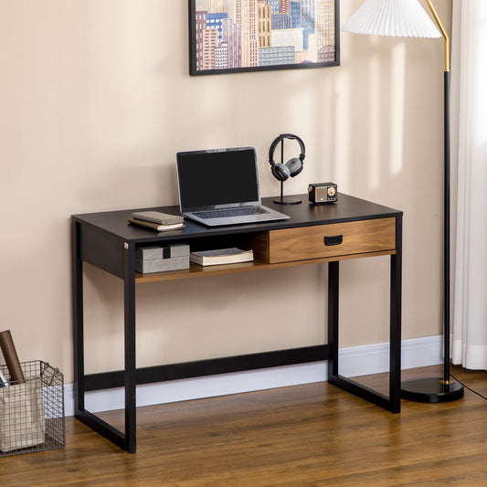 Industrial Style Bedroom and Office Desk with Drawer, 110x50x76cm, Walnut and Black