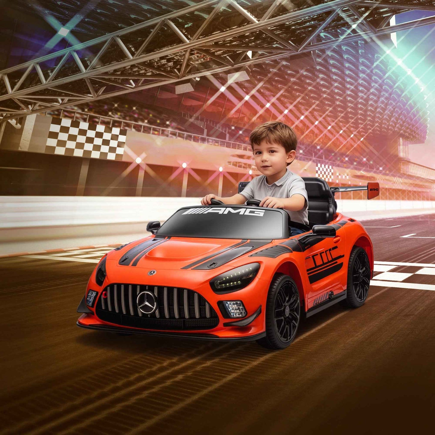 Electric Car for Children 3-8 Years Mercedes-AMG 12V with Remote Control, LED Lights, Transport Wheels, Orange