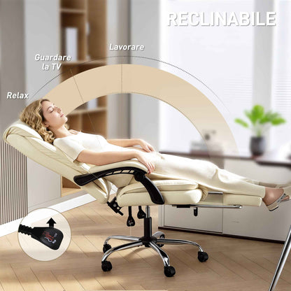 155° Reclining Office Chair with Footrest, Double Padding and Faux Leather Upholstery, Beige