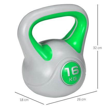 Kettlebell 16kg in PU and Sand with Flat Base and Handle for Deadlifts, Squats and Lifts, 26x18x32 cm, Green