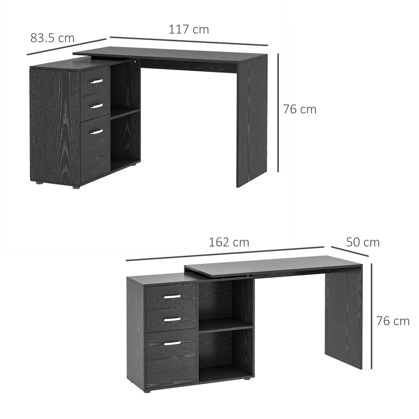 Corner PC Desk with 2 Drawers and Open Shelves, L-Shaped Corner Desk in Wood and Metal, 117x83. 5x76 cm, Black