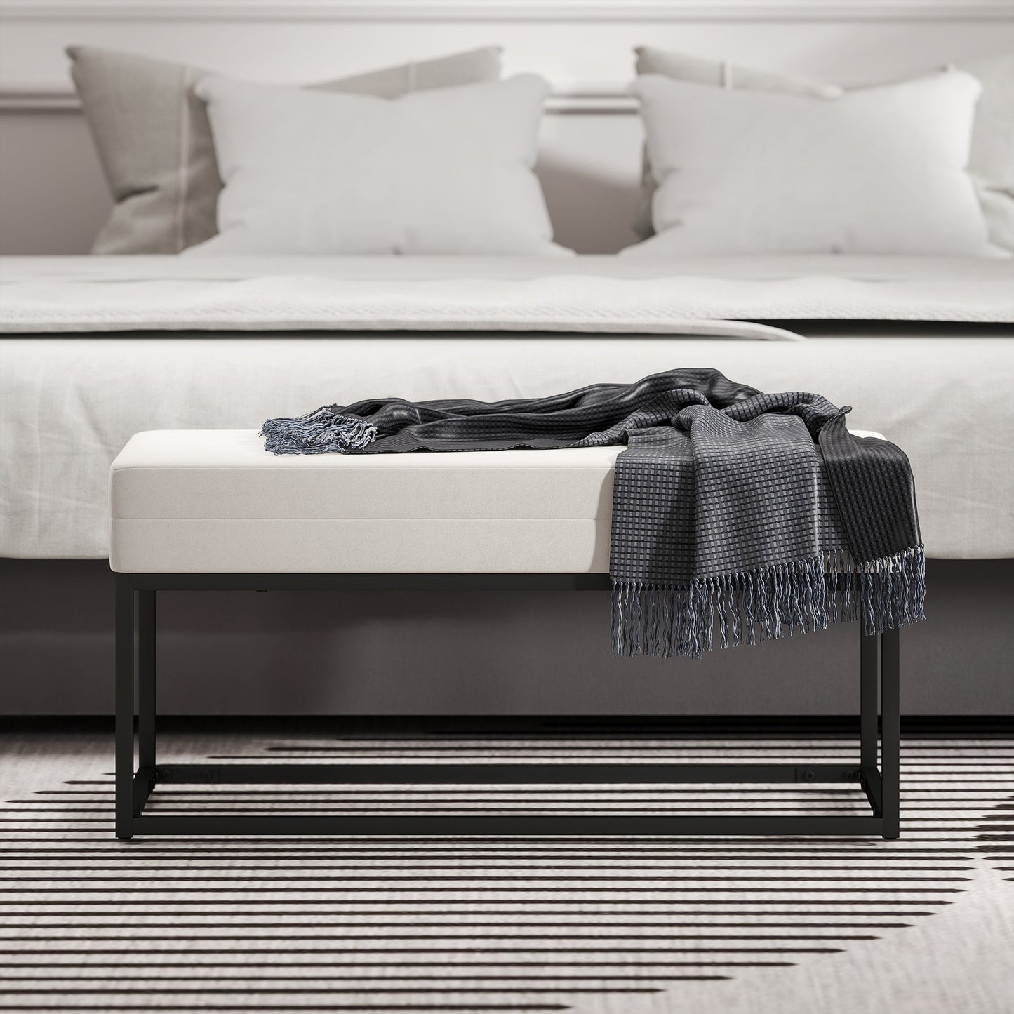 Modern Steel, Sponge and Velvet Fabric Entrance Bench with Adjustable Feet, 94x42x44 cm, Cream