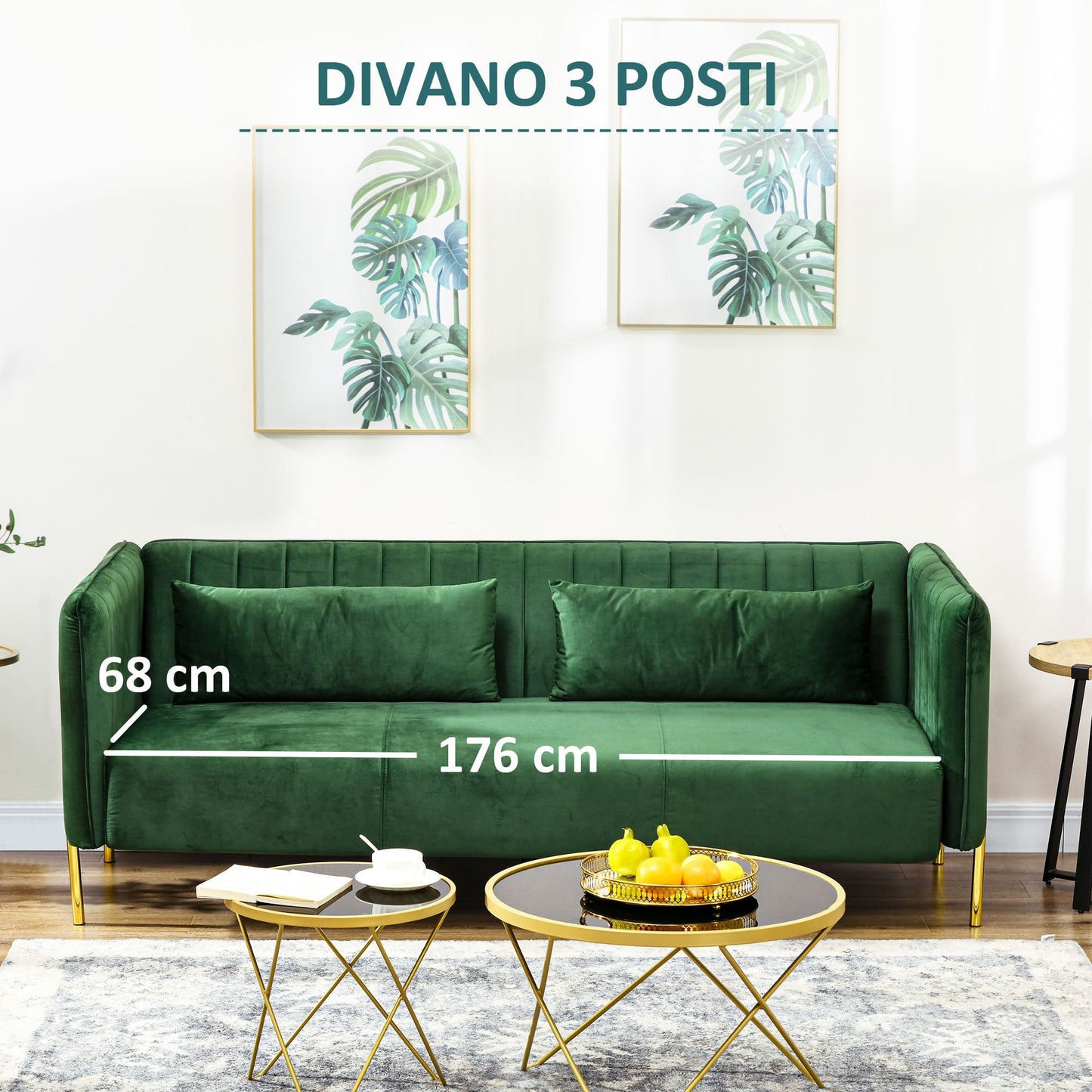 DELUX | Modern 3 Seater Sofa with Padded Cushions, Steel Legs and Velvet Fabric, 200x88x76 cm, Green