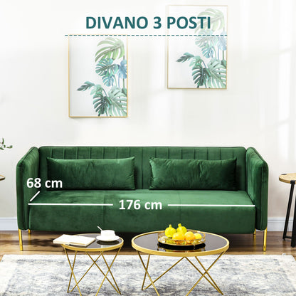 DELUX | Modern 3 Seater Sofa with Padded Cushions, Steel Legs and Velvet Fabric, 200x88x76 cm, Green