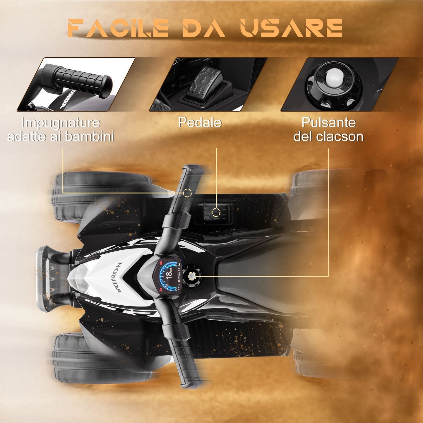 Electric Quad Bike for Children 18-36 Months with LED Lights, Horn and Pedals, 65.5x38.5x43.5 cm, Black