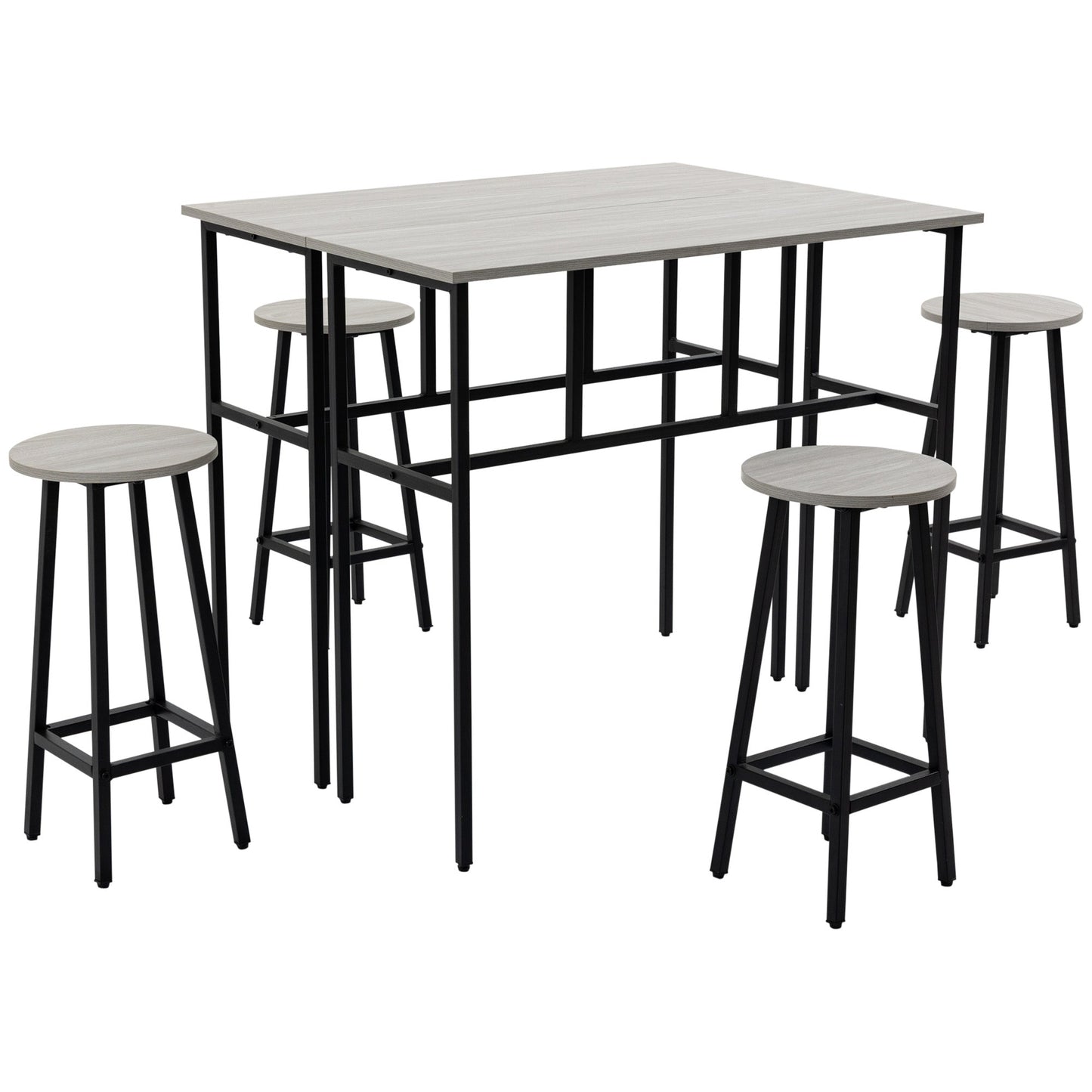sets from bar 6 pieces with 4 bar stools and 2 high tables in chipped wood and steel for kitchen and living room, Grey