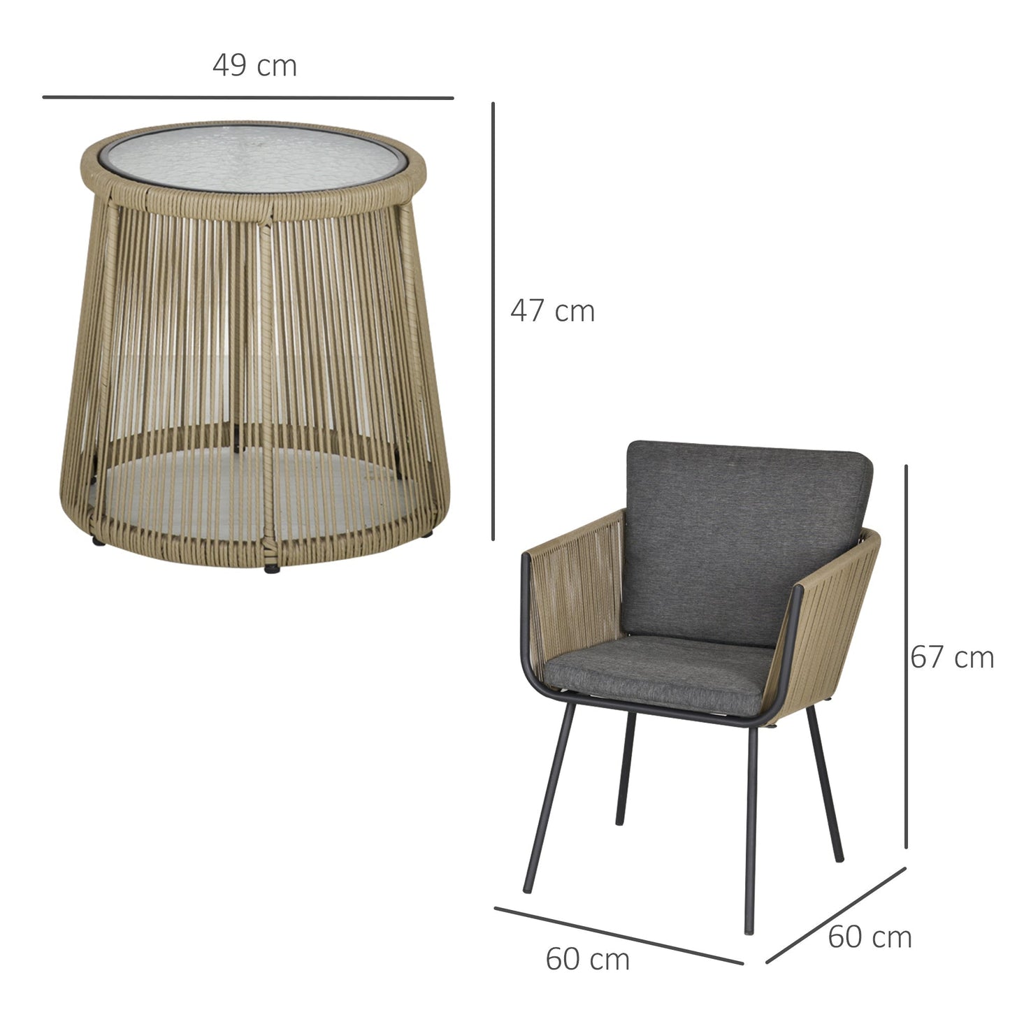 Set of 2 Outdoor Chairs with Table in PE Rattan Boho Style, Khaki and Grey