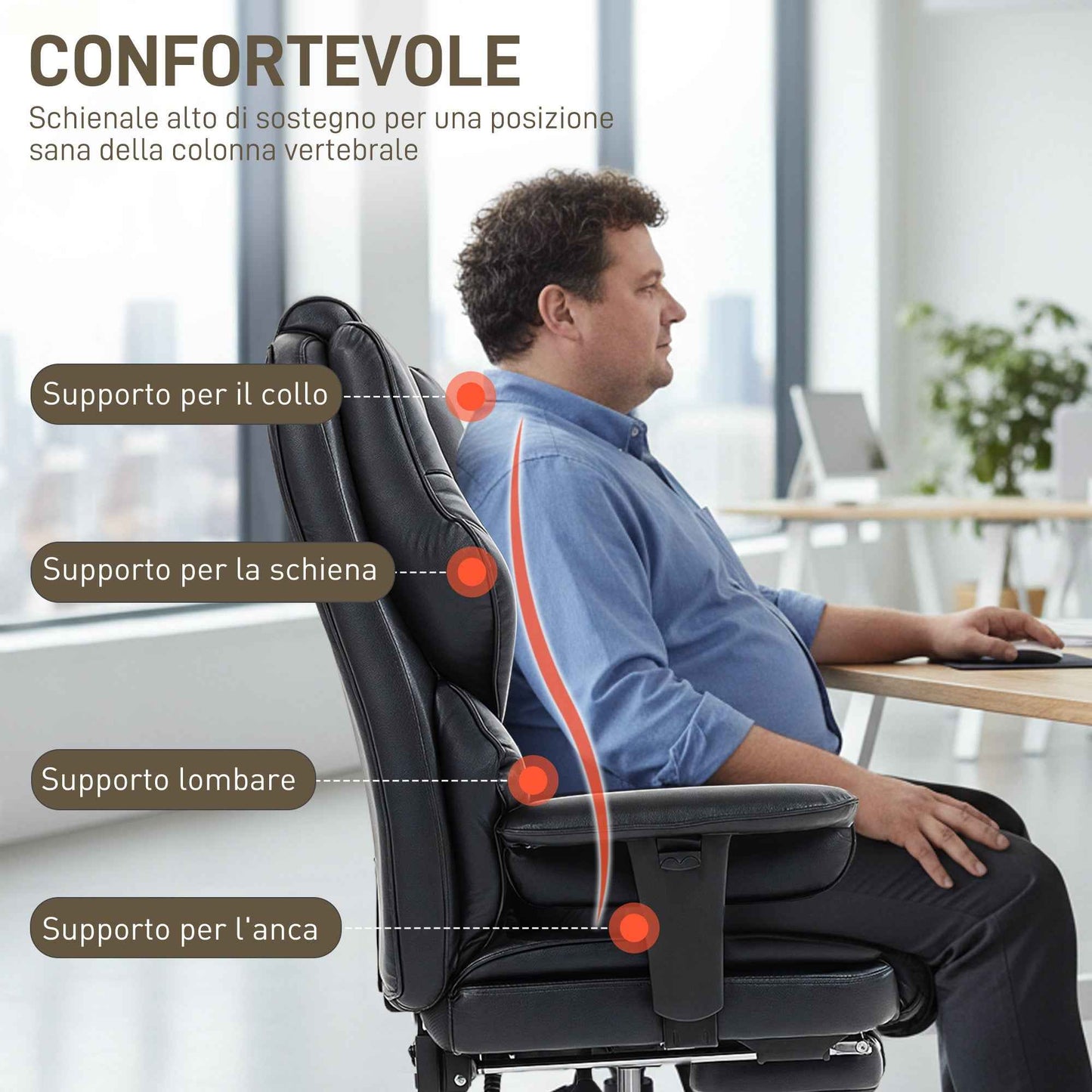Office Chair with Footrest and Headrest, PU Leather, Foam and Metal, 76x73x117-125 cm, Black