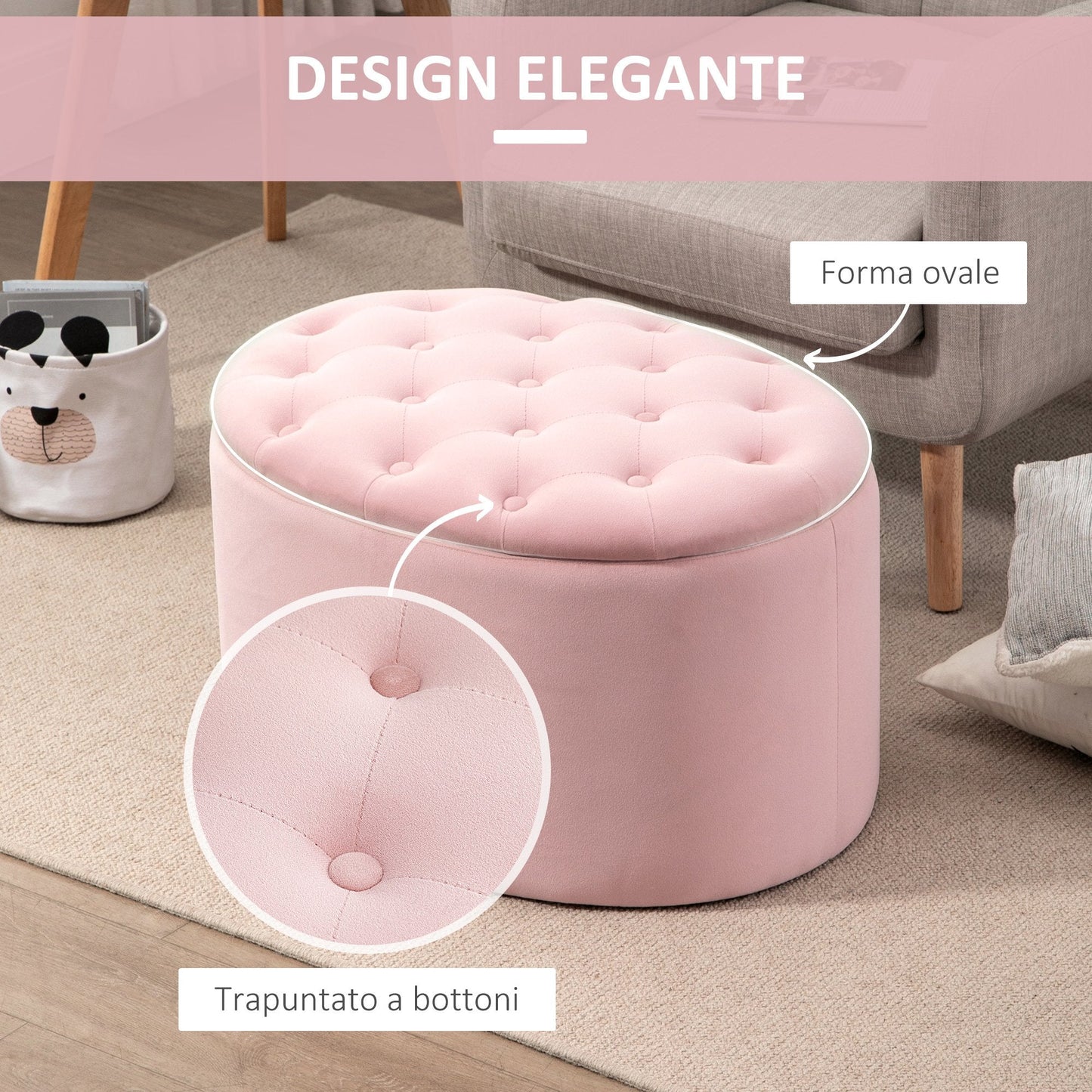 Oval Storage Ottoman Padded and Quilted Velvet, 71x52x42cm, Pink