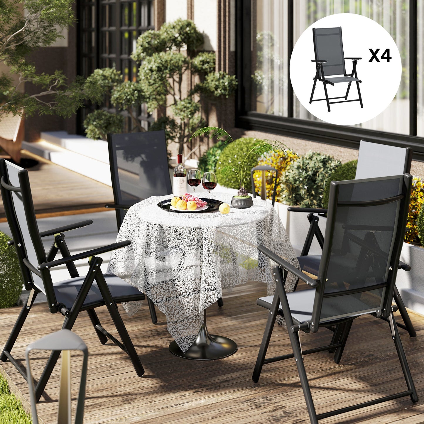 Set of 4 Folding and Breathable Garden Chairs with Armrests, in Steel and Polyester, 56x69x106 cm, Grey