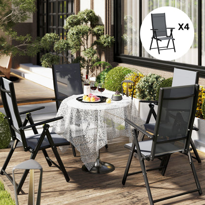 Set of 4 Folding and Breathable Garden Chairs with Armrests, in Steel and Polyester, 56x69x106 cm, Grey