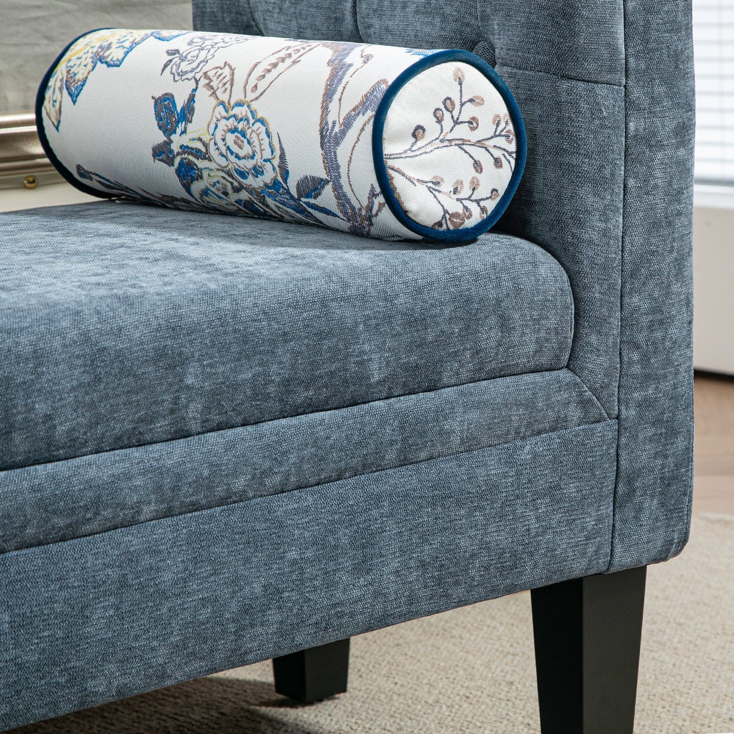 Bedside Bench with Quilted Armrests and 2 Cushions, in Chenille and Wood, 115.5x45x56 cm, Grey and Black