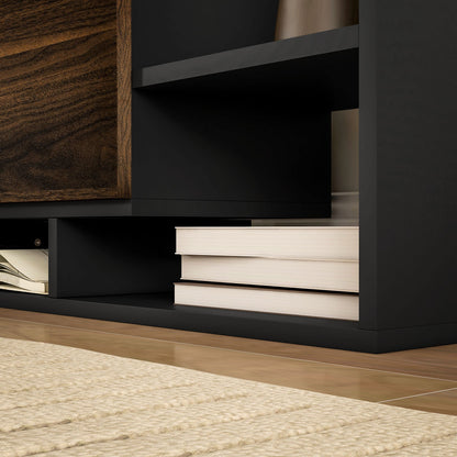 TV Cabinet with Wall Shelf, Open Shelves and Wooden Cabinet, Black and Brown