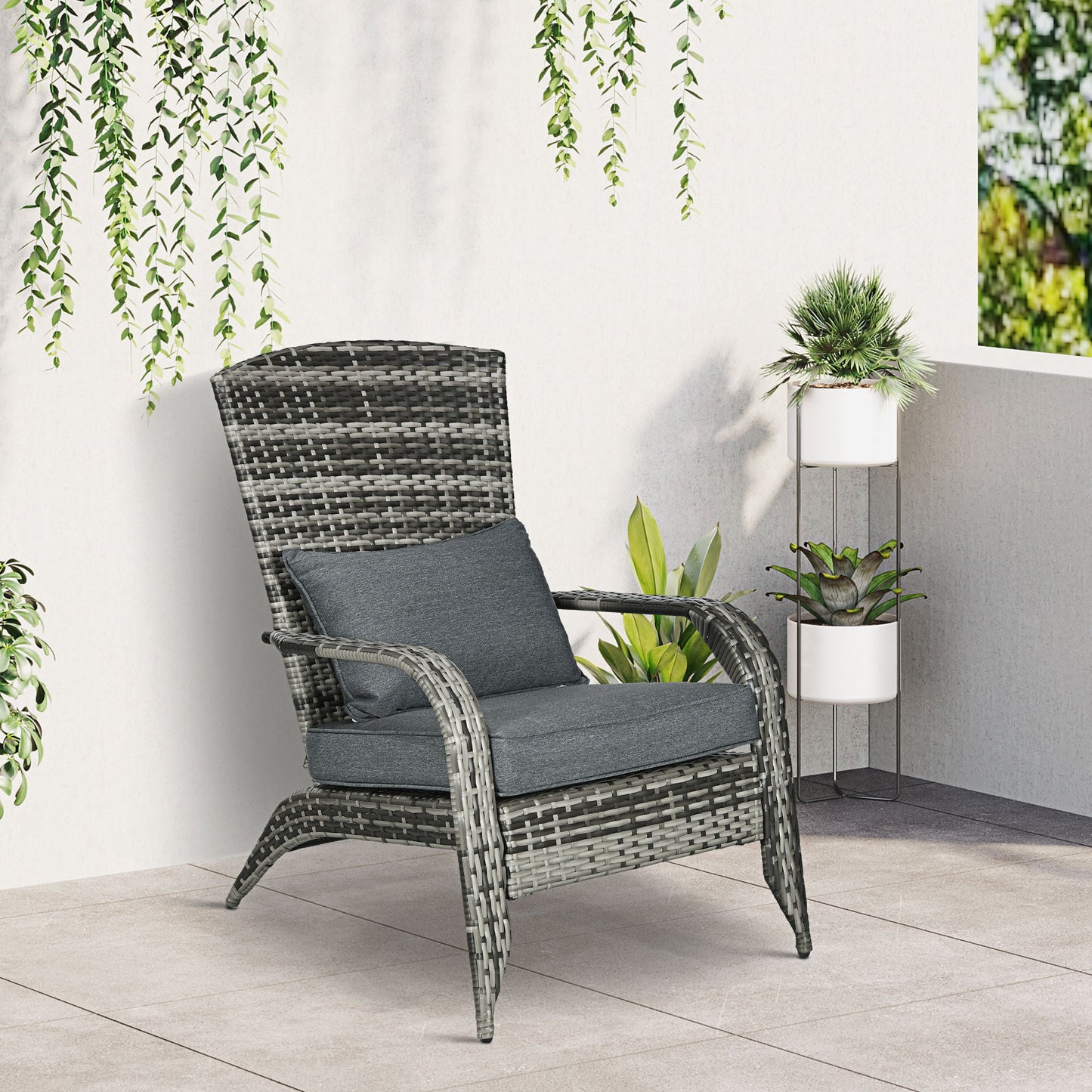 Adironrack Garden Chair with Armrests, Rattan and Steel, 64x80x90 cm, Grey
