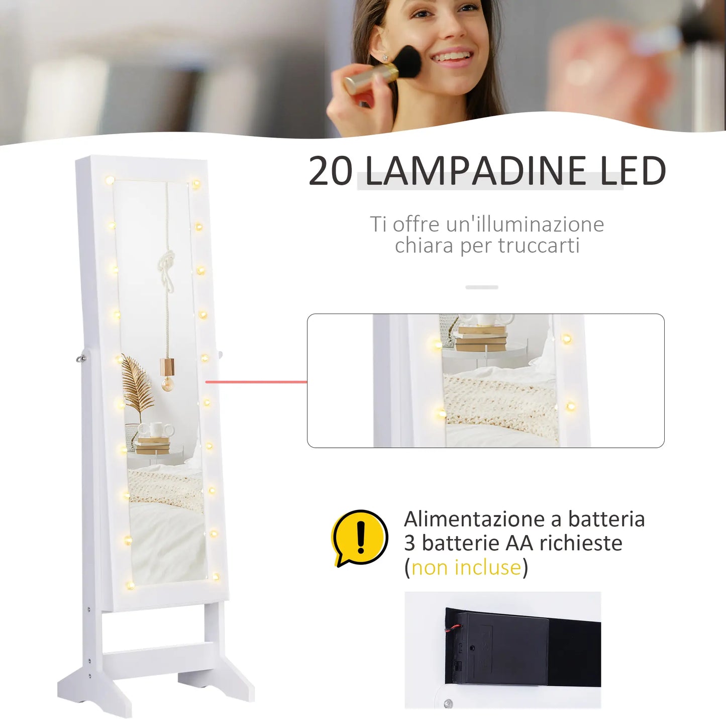 Jewellery Cabinet Adjustable Mirror Jewellery Box 20 LED Lights, Wood, White, 40x37x146 cm